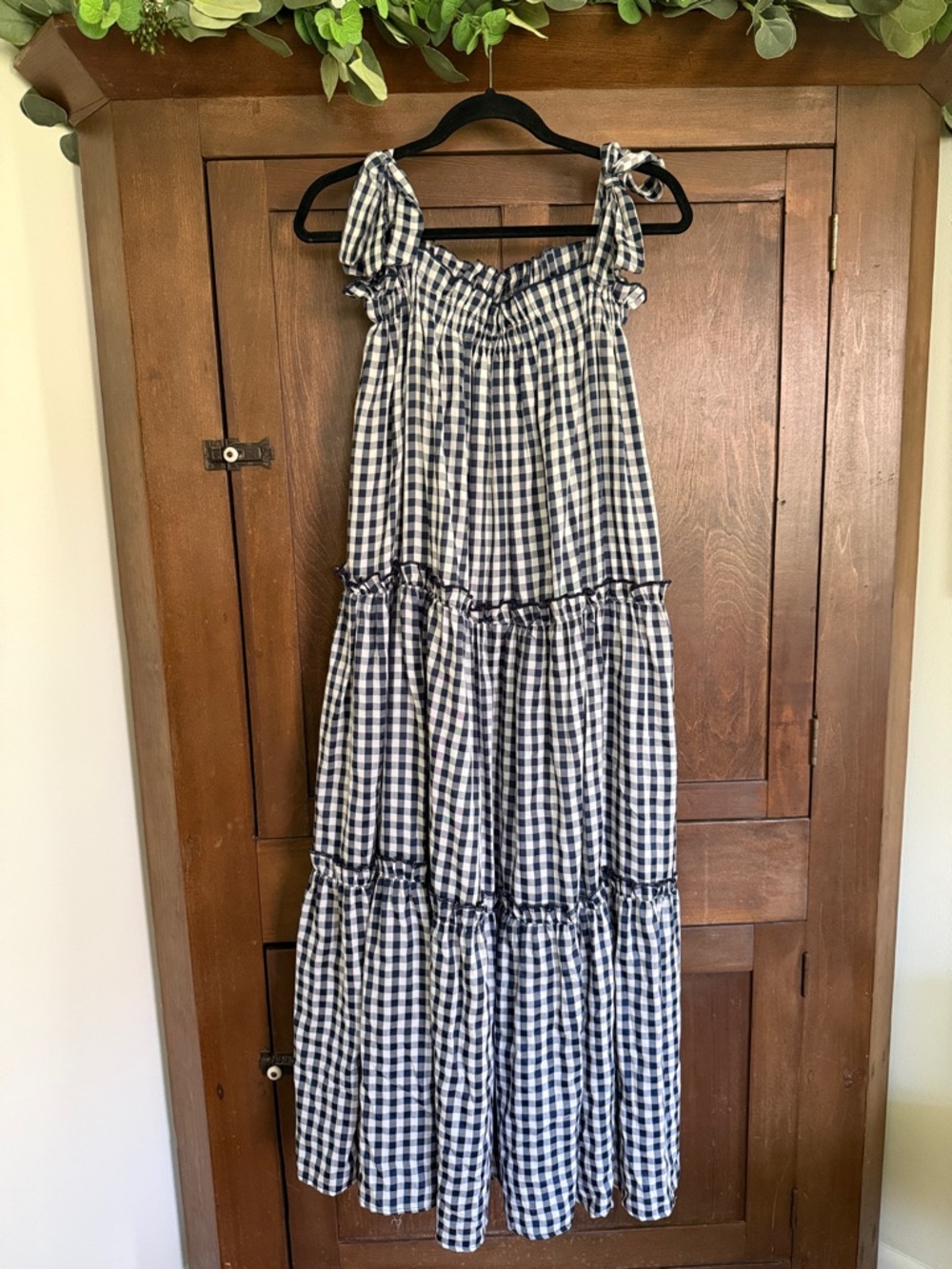 Gingham Tie-Shoulder Tiered Maxi Dress in Navy and White